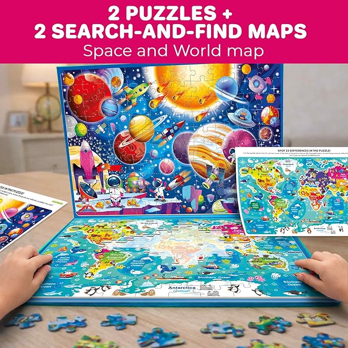 QUOKKA Magnetic Puzzles for Kids Ages 4-6 – 100 PCS Magnetic Puzzle Book for Toddlers 3-5 – 2 Puzzles & 2 Spot The Difference Maps – Search & Find Travel Games – Space, World Map Toddler Travel Toys