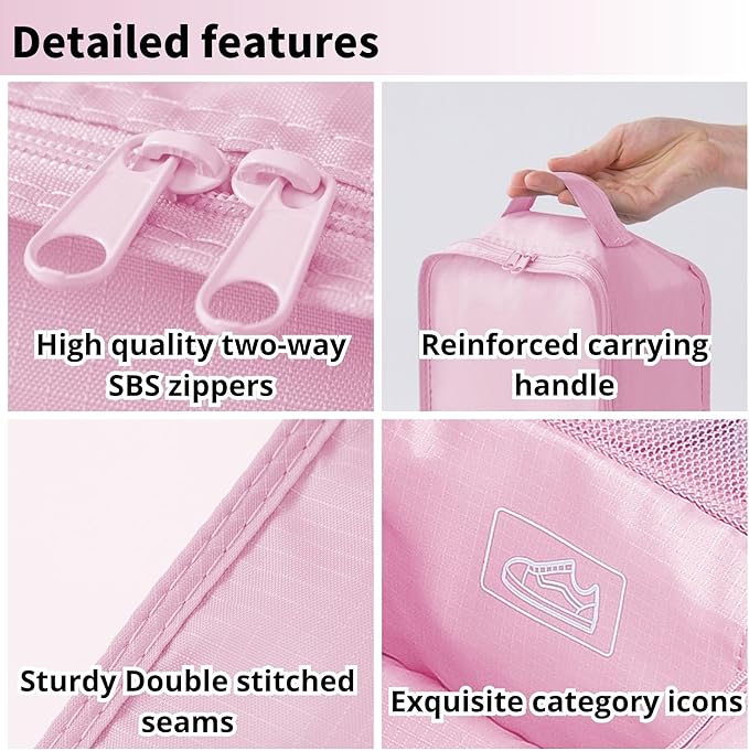 tianzong Travel Shoe Bag with Handle Holds 2 Pairs of Shoes, Shoe Packing Cubes for Travel (Pink, 2 Pack)
