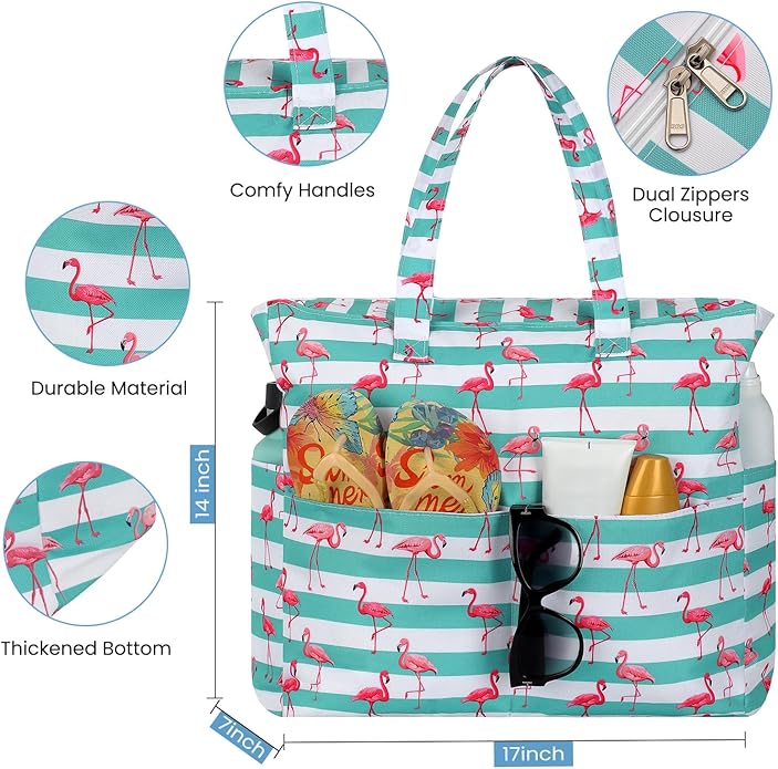 Trifabricy Beach Bags for Women Waterproof Sandproof Women Tote Bag, Large Beach Bag with Zipper for Gym Travel Vocation