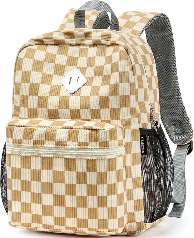 STEAMEDBUN Corduroy Kids Backpack for Girls Boys 3-8, Boys Girls Backpack for Elementary Kindergarten - Checkered