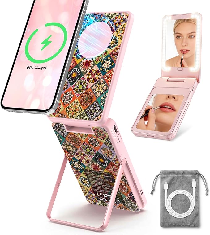 5-in-1 Magnetic Power Bank, 5000mAh Portable Wireless Charger with Mirror, Stand, Bluetooth Remote & Card Holder, MagSafe Compatible Travel Essential for iPhone & Samsung, USB-C Cable Included