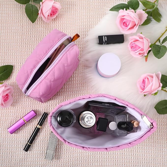 Huhumy 2 Pc Makeup Bag Set Cute Quilted Cosmetic Pouch for Women Travel Toiletry Bag Preppy Small Makeup Purse Pouch Skincare Brushes Storage Organizer Pencil Case Set(Knitted,Quilted,Rose Pink)