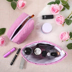 Huhumy 2 Pc Makeup Bag Set Cute Quilted Cosmetic Pouch for Women Travel Toiletry Bag Preppy Small Makeup Purse Pouch Skincare Brushes Storage Organizer Pencil Case Set(Knitted,Quilted,Rose Pink)