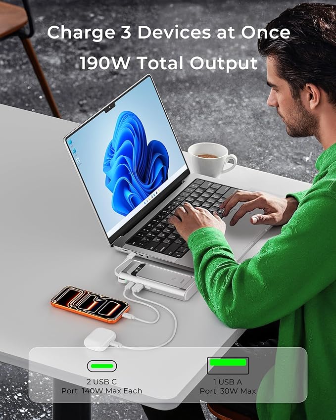 TALIX 190W 20000mAh Portable Charger,3-Port USB-C Fast Charging Power Bank Battery Pack with Built-in Retractable Cables for MacBook,Laptop,Computer,Cell Phones,iPhone 17,iPad,Android,Samsung,Silver