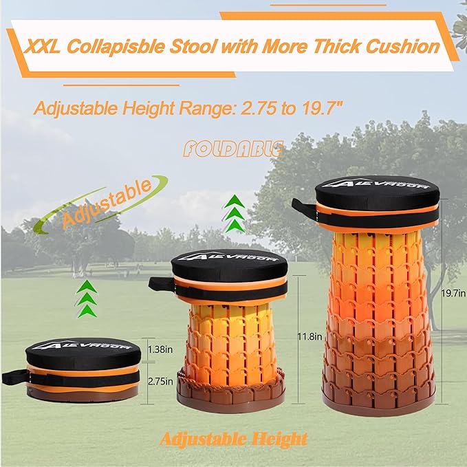 ALEVMOOM Upgraded XXL Collapsilbe Stool with Cushion,More Sturdy and Height 19.7",D11.8,Portable and Lightweight Adjustable Chair Telescoping Stool for Camping Hiking BBQ Max Loading 1000Ibs