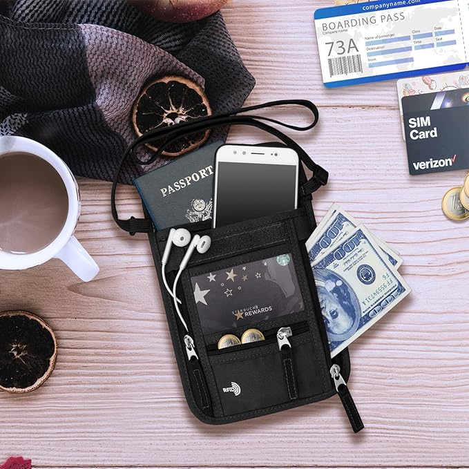 WALNEW Passport Holder Neck Pouch Travel Wallet for Women and Men, RFID Blocking Security Slim Traveling Wallet with Around Neck Lanyard Strap, Black