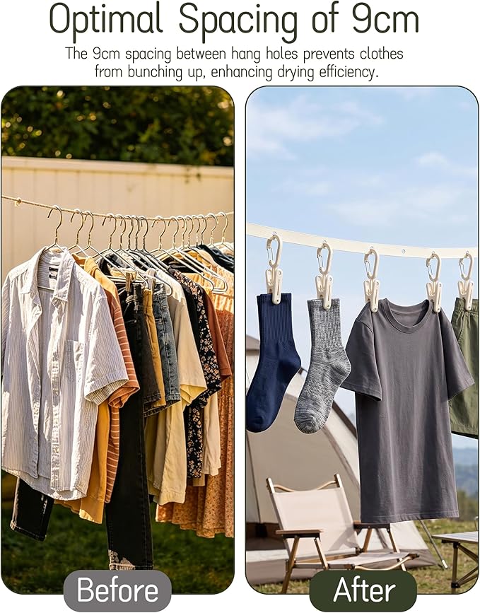 Windproof and Adjustable Travel Clothesline 2 Pieces- 34 Hang Holes, 3.5m Nylon Drying Rope for Outdoor Camping, Backyard, Cruise, and Home Use