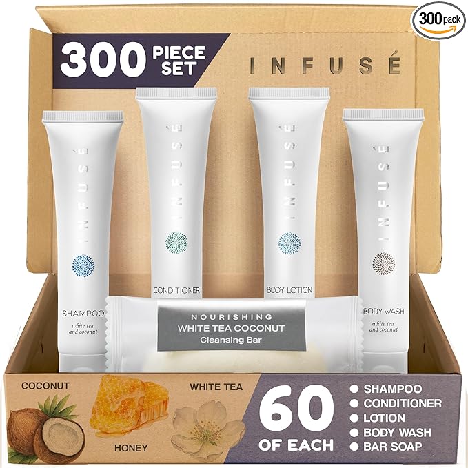 Infuse Pure White Tea and Coconut Hotel Soaps and Toiletries Bulk Set | 1-Shoppe All-In-Kit for Airbnb | 1oz Shampoo & Conditioner, Body Wash, Lotion & 1.25oz Bar Soap | Travel Size 300 Pieces