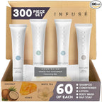 Infuse Pure White Tea and Coconut Hotel Soaps and Toiletries Bulk Set | 1-Shoppe All-In-Kit for Airbnb | 1oz Shampoo & Conditioner, Body Wash, Lotion & 1.25oz Bar Soap | Travel Size 300 Pieces