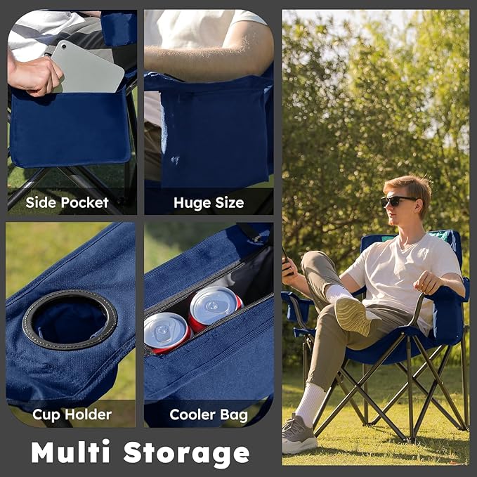 Colegence Heavy Duty Camping Chair for Adults, Oversized Heavy People Foldable Outside Camp Chairs Carry Bag Included, with Cooler Bag Cup Holder, Side Pocket for Lawn,Sport,Outdoor,Dark Blue