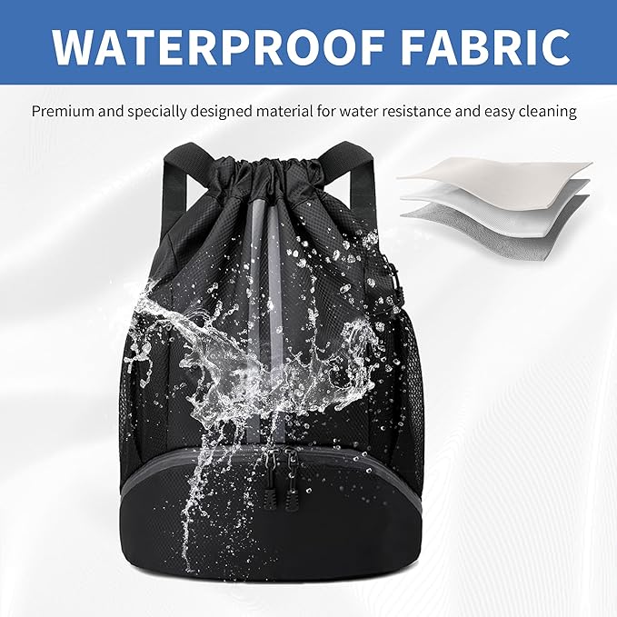 JELUTAR Drawstring Backpack Gym Bag with Shoes Compartment for Soccer, Basketball, Swim, Water-Resistant String Backpack Beach Cinch for Women Men, Black, Medium