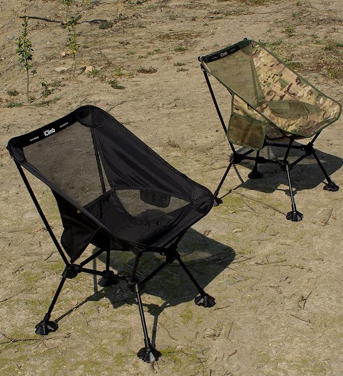 iClimb Ultralight Compact Camping Folding Beach Chair with Anti-Sinking Large Feet and Back Support Webbing (Woodland - Square Frame - 2PC)