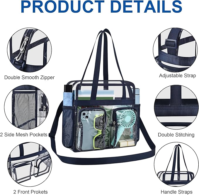 XCU Clear Bag for Stadium Events 12x6x12 Large Clear Tote Bag Transparent Lunch Bag Adjustable Straps for Concert Sports Work