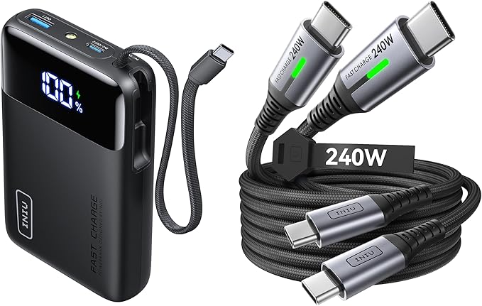 INIU Smallest 45W 20000mAh Power Bank with Built-in USB-C Cable & 240W Fast Charging [6.6ft, 2-Pack] Type C Charger Cord Combo