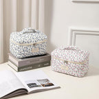 uekeboag Large Travel Quilted Makeup Bag for Women, Floral Cotton Cosmetic Bag, Coquette Aesthetic Floral Toiletry Organizer Bag
