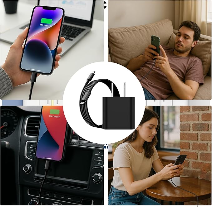 iPhone Charger Fast Charging,20W PD USB C Wall Charger 4 Pack with 6FT Fast Charging Cable - Fast Charger for iPhone 14/14 Pro Max/13/13 Pro/12/12 Pro/11/11 Pro/XS, iPad（Black）