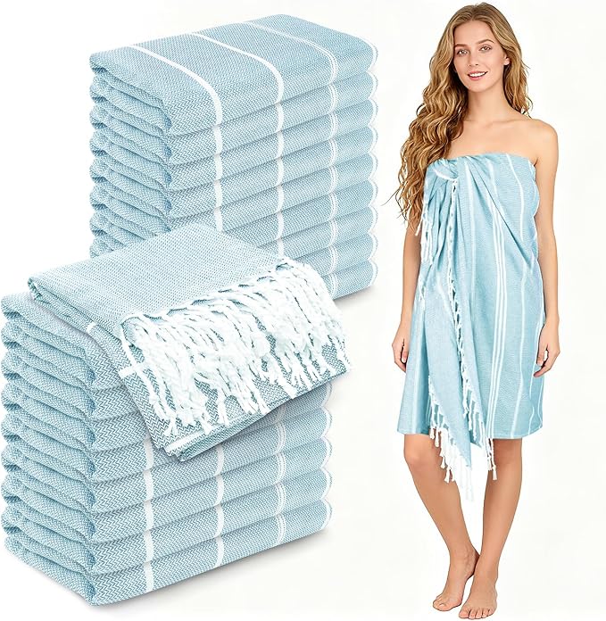 YSYJ 18 Pack Turkish Beach Towel 36 x 71 Inches Beach Towels Soft Lightweight Extra Large Pool Towels Quick Dry Sand Free Turkish Bath Towels Blue