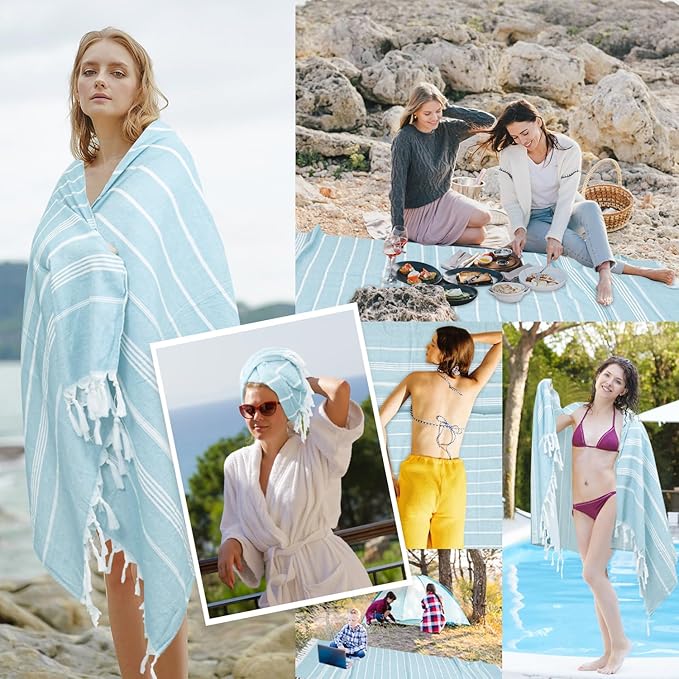 Eliamo Turkish Beach Towel Set of 6 Beach Towels Cotton Quick Dry Sand Free 36 x 71 inch Turkish Towel Oversized Lightweight Beach Towels Blue