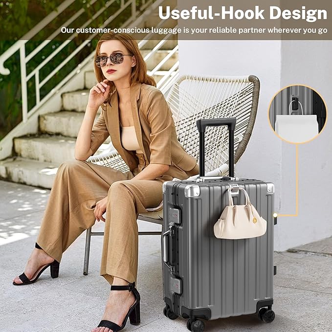 Krute Carry On Luggage 20 inch Aluminum Frame Luggage with Spinner Wheels Hardshell No Zipper PC+ABS TSA Lock Zipperless Suitcases Gray