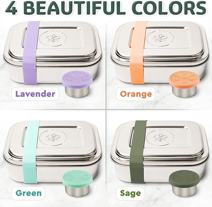 Everusely - Bento Box - Lavender, 60oz / 1.8 L - Extra Large Stainless Steel Lunch Box + Leakproof Condiment Container - 3 Compartment Snack Organizer for On the Go Meals - Freezer & Dishwasher Safe