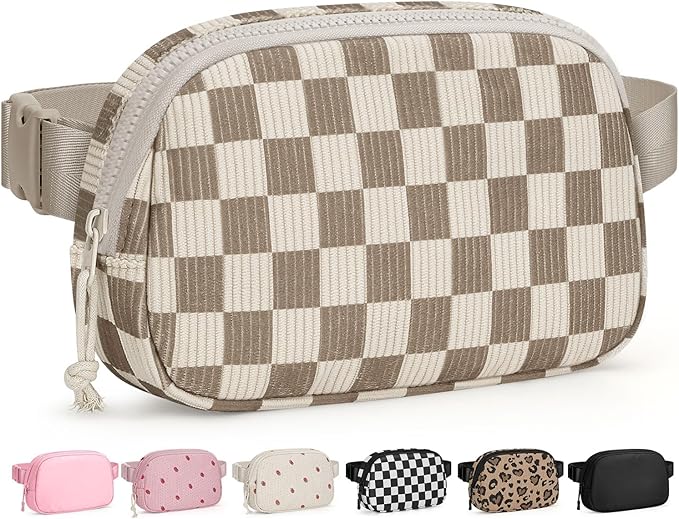 Pritent Fanny Packs for Women Cross Body Bag Waterproof Belt Bag with Adjustable Strap and Zipper Back Pocket Small Crossbody Bags Fashion Waist Packs for Workout Travelling(Checkered Khaki)