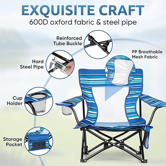 HaSteeL Folding Beach Chair Set of 2, Foldable Striped Camping Chairs for Outside, Low Beach Chair Portable for Adults Fishing, Picnic, Outdoor BBQ, Travel, Sports, Cup Holder & Storage Bag