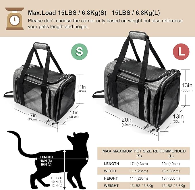Pet Carrier for Small Dogs Cats, Up to 15Lbs, Airline Approved Collapsible Travel Puppy Carrier, 17x11x11 Inches, Grey