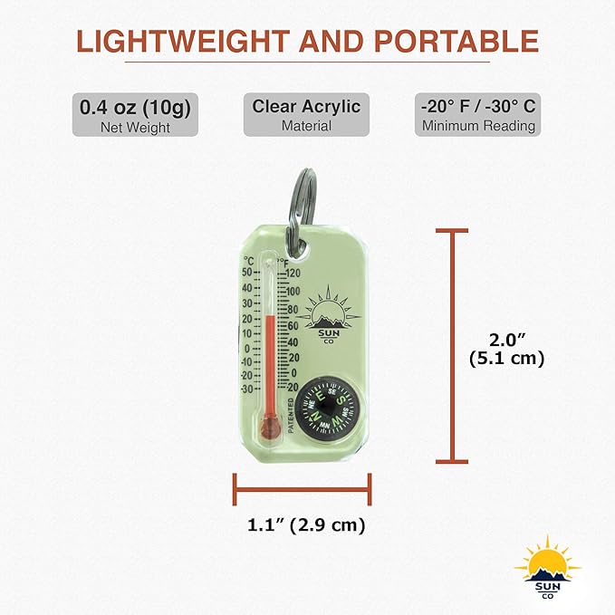 Sun Company LumaGage | Multi-Functional Glow-in-The-Dark Zipper Pull Compass & Thermometer with Wind Chill Chart | Ideal for Camping, Hiking, and Outdoor Navigation
