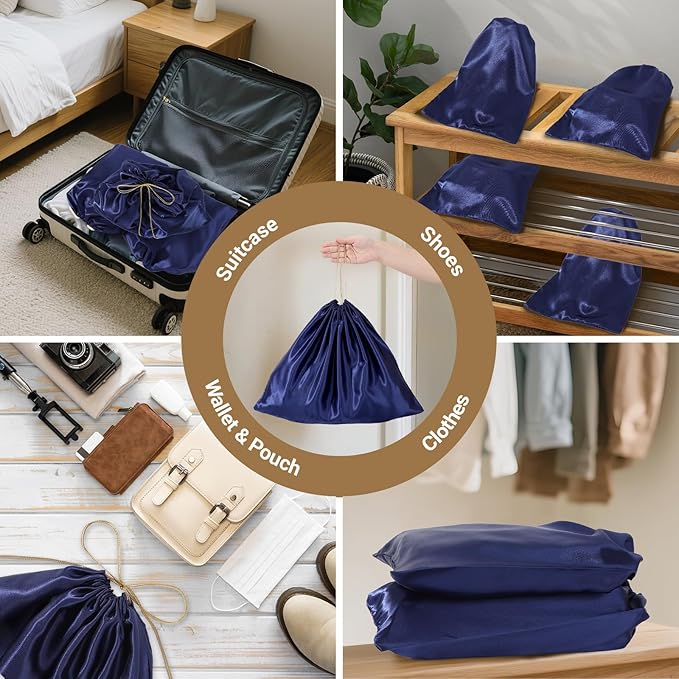 Ewen 12 Pack Dustbags with Drawstring in Small Medium Large, Dustproof Satin Storage Pouch with Blank Tags for Travel Essentials Packing, Dark Blue Silk Bag for Closet Storage Shoes Purse Organization