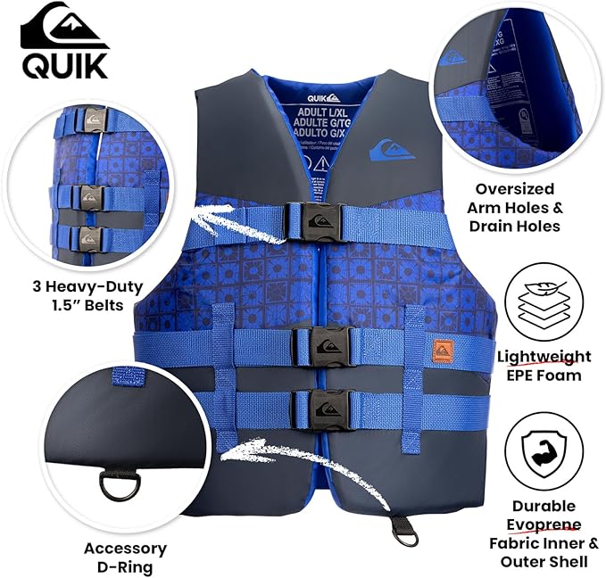 QUIKSILVER USCG Approved Men's Life Jacket Type III PFD, Lightweight EPE Foam Life Vest for Adults, for Waterskiing, Wakeboarding, Windsurfing, Rafting, Boating, Kayaking, Fishing Watersports