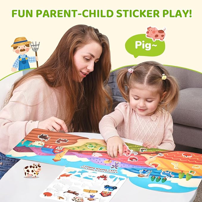 JoyCat Reusable Sticker Book - Animal Stickers for Toddlers, Kids Sticker Activity Book, Travel Toys for Road Trip, Car & Airplane, Educational Learning Gifts for Boys and Girls Ages 3-5 (Farm)