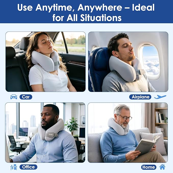 jiaao Memory Foam Neck Pillow for Travel & Airplanes, Adjustable Travel Pillow for Long Flights & Road Trips, Includes Eye Mask, Earplugs & Bag