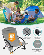 KingCamp Low Beach Chair, High Back Folding Camping Chair for Adults, Oversized Breathable Mesh Seat, 300lbs Heavy Duty Portable Chair with Cup Holder & Storage Pockets for Beach, Outdoor