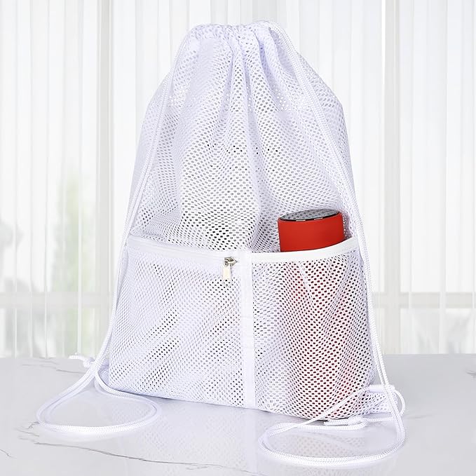NATURAL STYLE 2 PACK Mesh Drawstring Backpack Bag, Multifunction Mesh Bag for Swimming, Athletic Gym, Clothes, Beach, Swim (White)