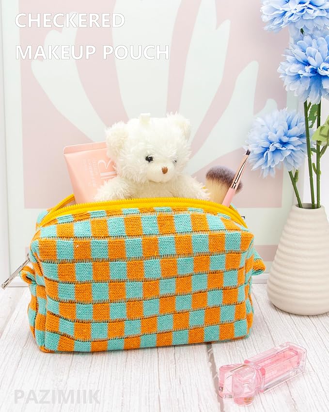 PAZIMIIK 6PCS Checkered Makeup Bag for Purse Portable Zipper Make Up Pouch Small Cosmetic Case for Travel Accessories Orange Green