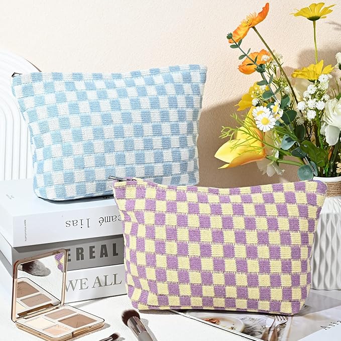 SOIDRAM 2 Pieces Makeup Bag Large Checkered Cosmetic Bag Capacity Canvas Travel Toiletry Bag Organizer Cute Makeup Brushes Aesthetic Accessories Storage Bag for Women,Checkered L Purple Light blue