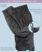 Bliss Faille Travel Pillow Blanket - 2-in-1 Lightweight Compact Airplane Camp Pillow and Blanket Set for Travelling, Size One Size, Dark Grey