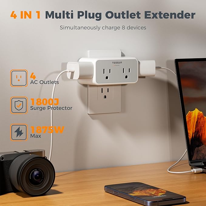 Surge Protector Outlet Extender, TESSAN 1800J Multi Plug Wall Outlet with 4 Widely Outlet Splitter, 3 Sided Multiple Wall Plug Expander for Home Office Kitchen Dorm Room Essentials