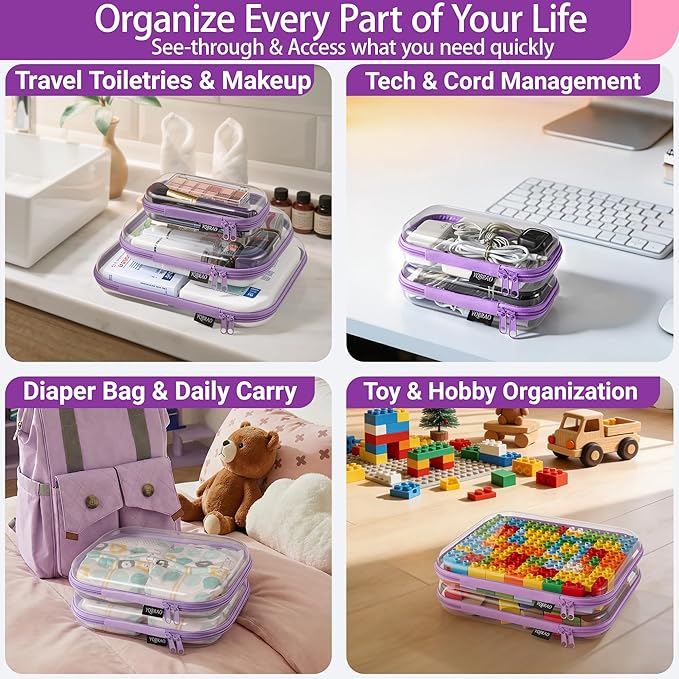 YQBRAO 3-Pack Clear Hard Shell Zipper Case Purple, 1.2mm Heavy-Duty Crush-Proof Travel Makeup Bag, Multi-Size (L+M+S) Diaper Bag Organizer Pouches, Rigid Clear Zipper Pouches for Tech, Toys & Home
