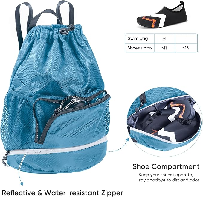 Swim Beach Sports Drawstring Backpack - Gym Bag with Shoes Compartment and Waterproof Pocket for Gym Accessories, Swim Essentials - Kids Mens Beach Workout Bag