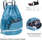 Swim Beach Sports Drawstring Backpack - Gym Bag with Shoes Compartment and Waterproof Pocket for Gym Accessories, Swim Essentials - Kids Mens Beach Workout Bag