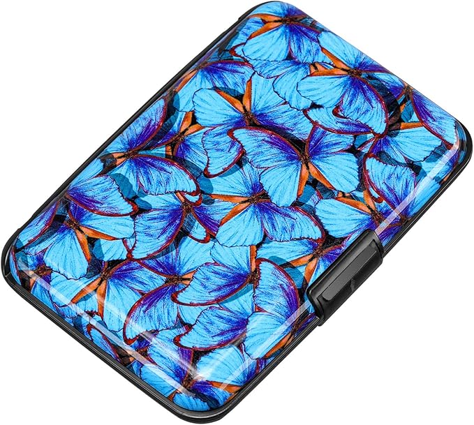 ELFISH RFID Blocking Credit Card Protector Aluminum ID Case Hard Shell Business Card Holders Metal Wallet for Men or Women (Blue Butterfly)