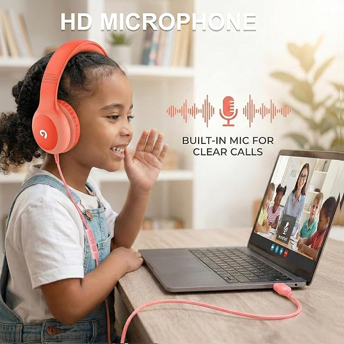 ADOOPE Wired Kids Headphones with USB C Plug, 85dB Safe Volume, Adjustable Headband, Tangle-Free Cord Headphones for School, Tablet, Travel (Coral Red & Soft Peach, with Microphone)