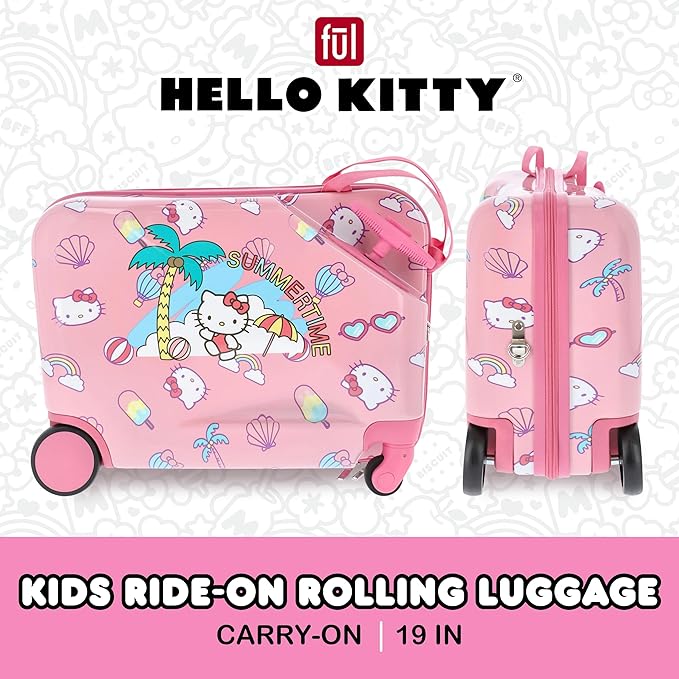 FUL Hello Kitty 19 Inch Carry On Luggage, Kids Ride On Suitcase with Spinner Wheels, Hardshell Rolling Travel Trolley, Pink