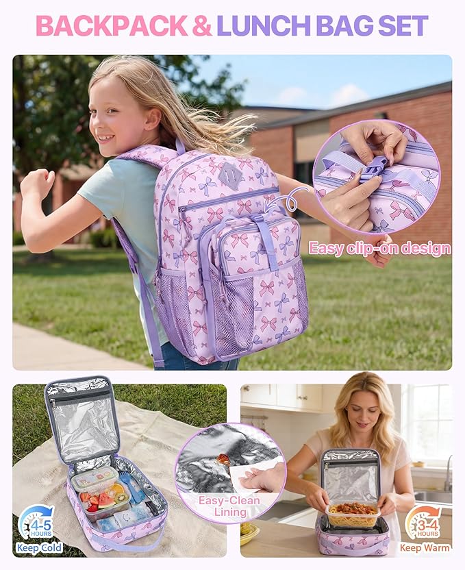 VASCHY Girl Kids Backpack & Lunch Bag Set, 2-in-1 School Bookbag with Insulated Lunch Box for Preschool, Daycare, Kindergarten & Elementary School – Pink Bow