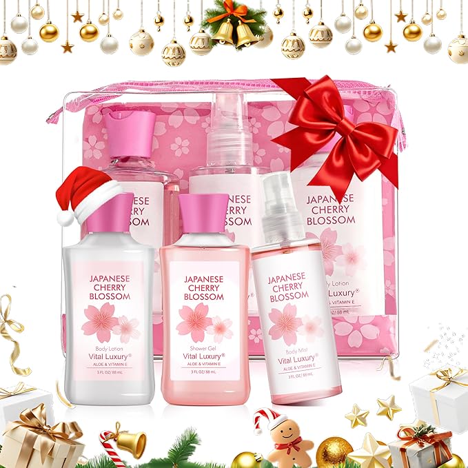 Bath and Body Travel Gift Set, 3pcs Travel Size Shower Gel Body Lotion Fragrance Mist Christmas Birthday Gift TSA-Friendly for On-the-Go Self-Care (3PCS, Japanese Cherry Blossom)