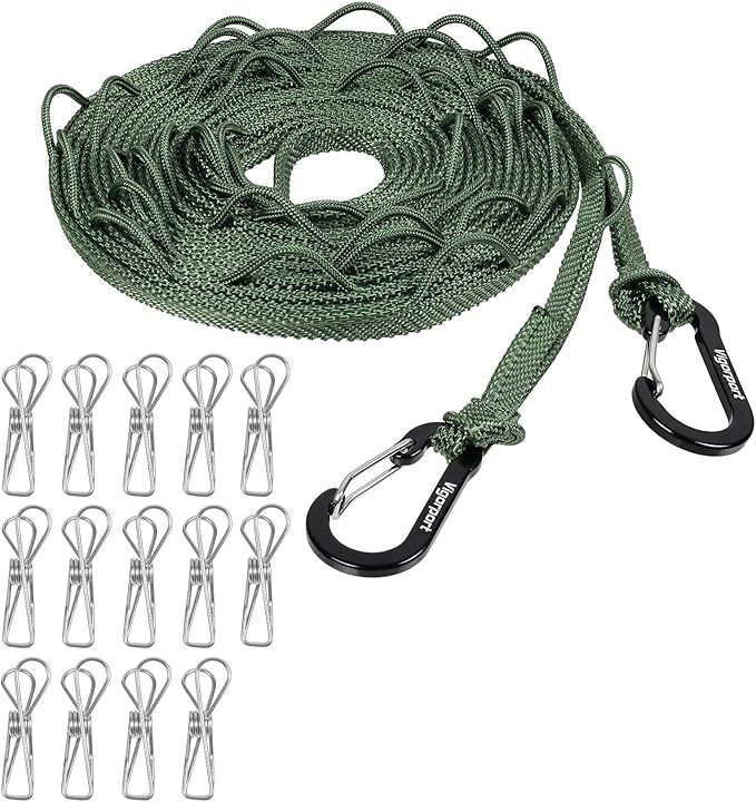 Vigorport Portable Travel Clothesline, Windproof Clothes Line with Hang Hole, Indoor and Outdoor Laundry Line with Clothespins for Hotel, Camping, RV, Cruise Ship (Green, 18.8Ft)