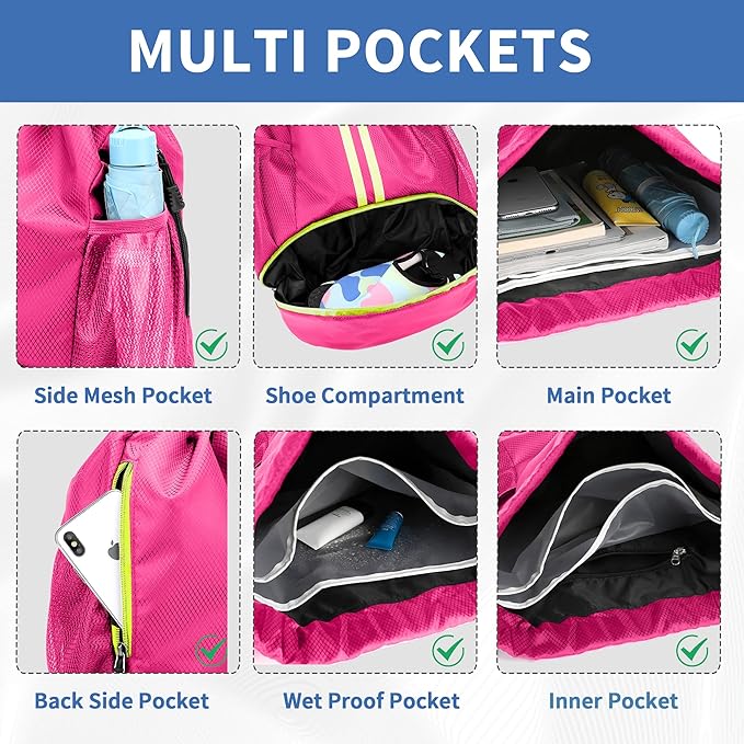JELUTAR Drawstring Backpack Gym Bag with Shoes Compartment for Soccer, Basketball, Swim, Water-Resistant String Backpack Beach Cinch for Women Men, Rose