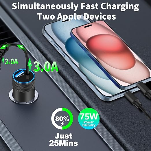 【MFi Certified】iPhone 17 Car Charger Fast Charging, Braveridge 75W USB C PD&QC Car Power Cigarette Lighter USB Charger with 6FT Type C Coiled Cable for iPhone 17/17 Pro Max/16/15/Galaxy S26/S25/Pixel