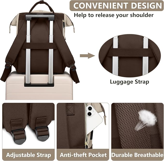 Laptop Backpack Women Work Bag: 15.6 inch Work Bookbag with USB Charging Port Large Travel Backpack Purse for College Nurse Casual Daypack for Teacher Professional Computer Backpack Apricot Coffee